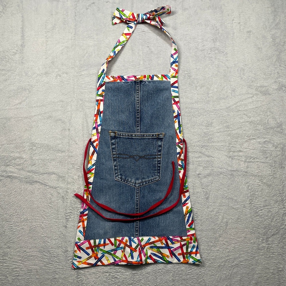 Handmade Denim‎ Apron Kids One Size Blue Crayon Print Art Craft Bib Pocket